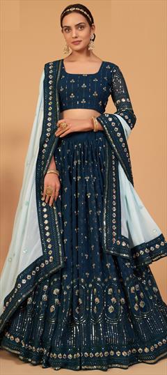 Mehendi Sangeet, Wedding Blue color Lehenga in Georgette fabric with A Line Embroidered, Sequence, Thread work : 1798490