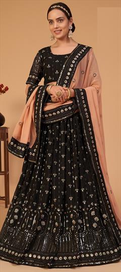 Mehendi Sangeet, Wedding Black and Grey color Lehenga in Georgette fabric with A Line Embroidered, Sequence, Thread work : 1798491