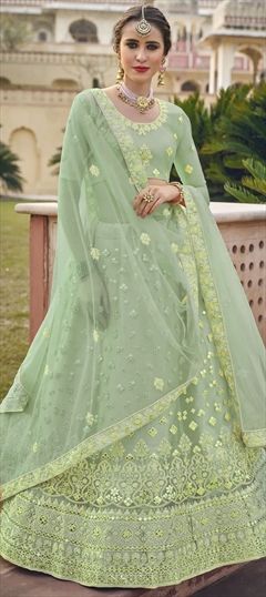 Mehendi Sangeet, Reception Green color Lehenga in Net fabric with A Line Embroidered, Gota Patti, Stone work : 1798495