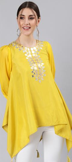 Casual Yellow color Kurti in Blended fabric with Asymmetrical, Long Sleeve Mirror work : 1798551