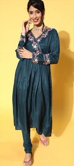 Casual Blue color Tunic with Bottom in Blended fabric with Zari work : 1798556