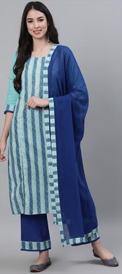 Casual Blue color Salwar Kameez in Cotton fabric with Straight Printed work : 1798578