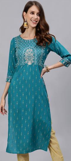 Casual Blue color Kurti in Rayon fabric with Long Sleeve, Straight Embroidered, Thread work : 1798646
