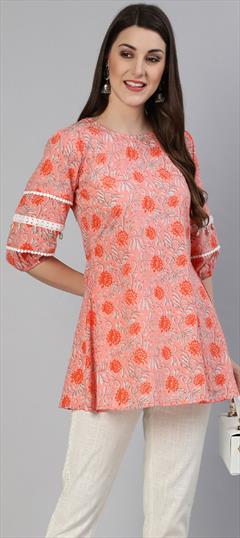 Casual Pink and Majenta color Kurti in Cotton fabric with A Line, Long Sleeve Lace, Printed work : 1798648