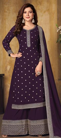 Festive, Party Wear Purple and Violet color Salwar Kameez in Faux Georgette fabric with Palazzo Embroidered, Sequence, Thread work : 1798854