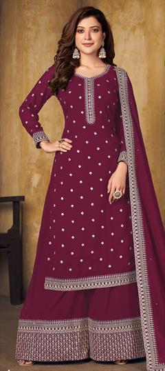 Festive, Party Wear Pink and Majenta color Salwar Kameez in Faux Georgette fabric with Palazzo Embroidered, Sequence, Thread work : 1798862