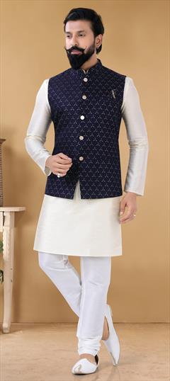 Blue color Kurta Pyjama with Jacket in Jacquard fabric with Weaving work : 1798934