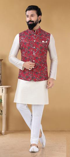Red and Maroon color Kurta Pyjama with Jacket in Cotton fabric with Printed work : 1798939