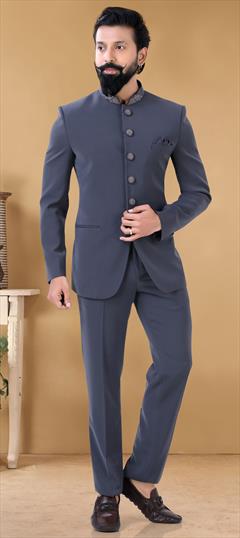 Black and Grey color Jodhpuri Suit in Lycra fabric with Thread work : 1798993
