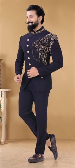 Purple and Violet color Jodhpuri Suit in Lycra fabric with Broches, Embroidered, Thread work : 1798996