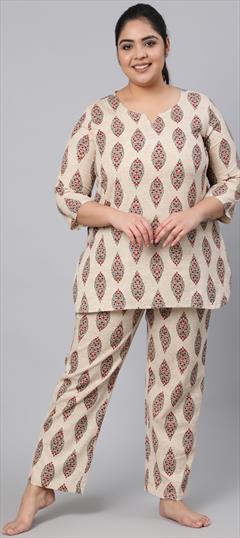 Casual Beige and Brown color Tunic with Bottom in Cotton fabric with Printed work : 1799041