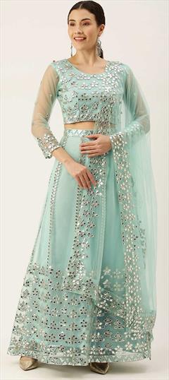 Festive, Party Wear Blue color Lehenga in Net fabric with A Line Embroidered, Mirror, Thread work : 1799148