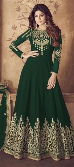 Bollywood Green color Salwar Kameez in Faux Georgette fabric with Anarkali Embroidered, Stone, Thread, Zari work : 1799248