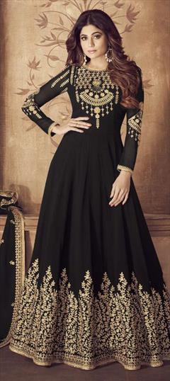 Bollywood Black and Grey color Salwar Kameez in Faux Georgette fabric with Anarkali Embroidered, Stone, Thread, Zari work : 1799250