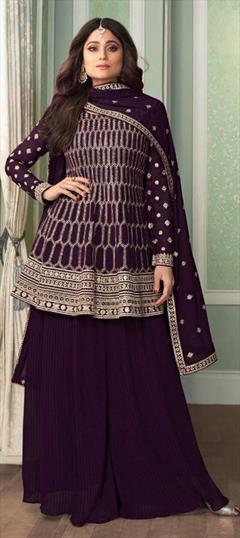 Bollywood Purple and Violet color Salwar Kameez in Georgette fabric with Palazzo Embroidered, Sequence, Thread, Zari work : 1799267