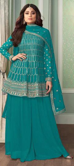 Bollywood Blue color Salwar Kameez in Georgette fabric with Palazzo Embroidered, Sequence, Thread, Zari work : 1799268