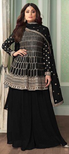 Bollywood Black and Grey color Salwar Kameez in Georgette fabric with Palazzo Embroidered, Sequence, Thread, Zari work : 1799274