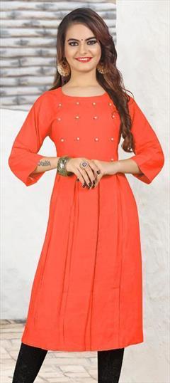 Casual Orange color Kurti in Rayon fabric with A Line, Long Sleeve Bugle Beads work : 1799399