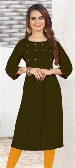 Casual Green color Kurti in Rayon fabric with A Line, Long Sleeve Bugle Beads work : 1799402