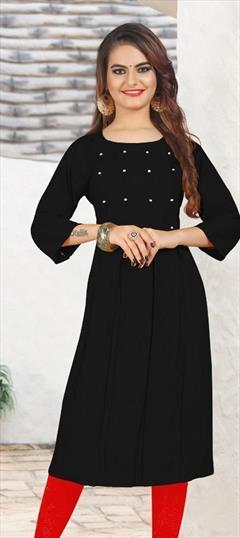 Casual Black and Grey color Kurti in Rayon fabric with A Line, Long Sleeve Bugle Beads work : 1799405
