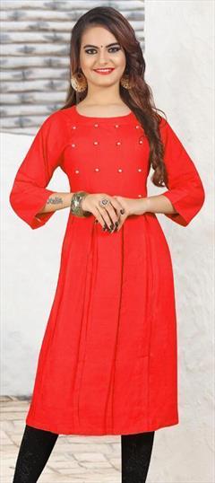 Casual Red and Maroon color Kurti in Rayon fabric with A Line, Long Sleeve Bugle Beads work : 1799408