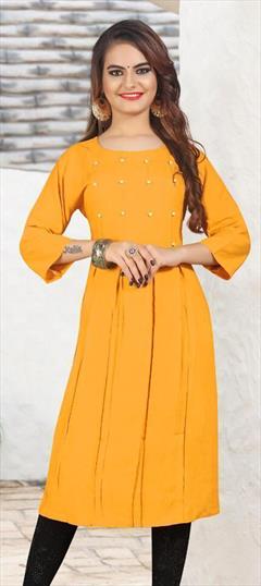 Casual Yellow color Kurti in Rayon fabric with A Line, Long Sleeve Bugle Beads work : 1799411
