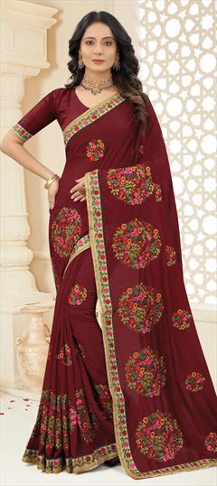 Traditional Red and Maroon color Saree in Art Silk, Silk fabric with South Border, Embroidered, Resham, Thread work : 1799514