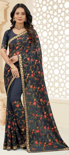 Traditional Black and Grey color Saree in Georgette fabric with Classic Embroidered, Resham, Stone, Thread, Zari work : 1799515