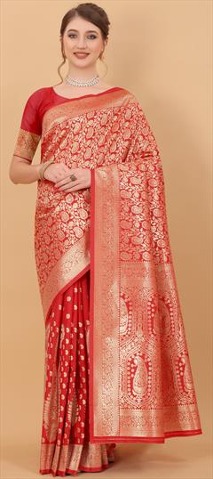 Traditional Red and Maroon color Saree in Kanchipuram Silk, Silk fabric with South Weaving work : 1799587