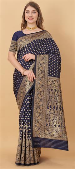 Traditional Blue color Saree in Kanchipuram Silk, Silk fabric with South Weaving work : 1799596