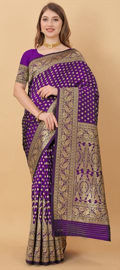 Traditional Purple and Violet color Saree in Kanchipuram Silk, Silk fabric with South Weaving work : 1799602