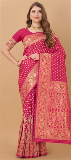 Traditional Pink and Majenta color Saree in Kanchipuram Silk, Silk fabric with South Weaving work : 1799604