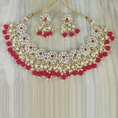 Red and Maroon color Necklace in Metal Alloy studded with CZ Diamond, Pearl & Gold Rodium Polish : 1799873