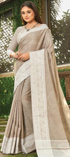 Traditional Beige and Brown color Saree in Linen fabric with Bengali Weaving work : 1800115