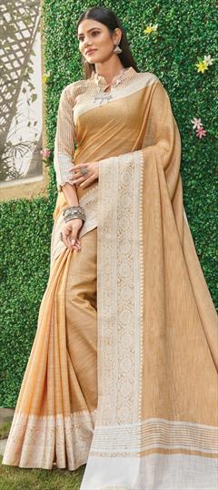Traditional Orange color Saree in Linen fabric with Bengali Weaving work : 1800117