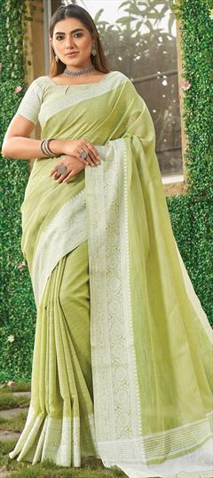 Traditional Green color Saree in Linen fabric with Bengali Weaving work : 1800119