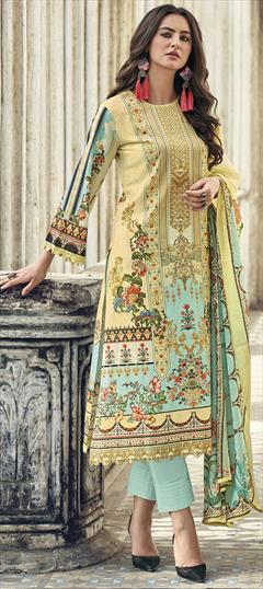 Festive, Party Wear Beige and Brown color Salwar Kameez in Cotton fabric with Straight Cut Dana, Digital Print, Embroidered, Floral, Resham, Thread work : 1800122
