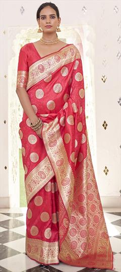 Traditional Pink and Majenta color Saree in Satin Silk, Silk fabric with South Weaving work : 1800159
