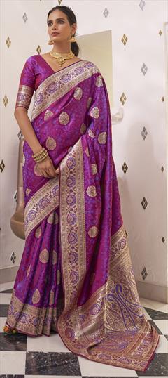 Traditional Purple and Violet color Saree in Satin Silk, Silk fabric with South Weaving work : 1800160
