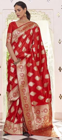 Traditional Red and Maroon color Saree in Satin Silk, Silk fabric with South Weaving work : 1800162