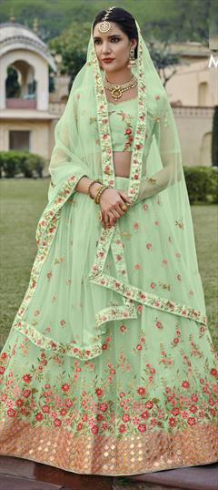Engagement, Festive, Mehendi Sangeet Green color Lehenga in Net fabric with A Line Gota Patti, Resham, Stone, Thread work : 1800174