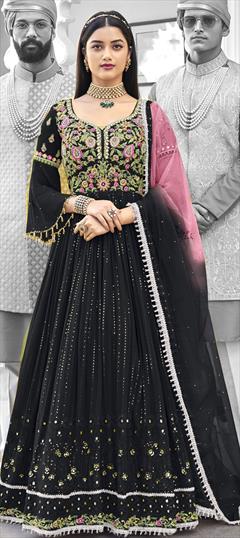 Festive, Party Wear Black and Grey color Salwar Kameez in Georgette fabric with Anarkali Embroidered, Resham, Sequence, Thread work : 1800208