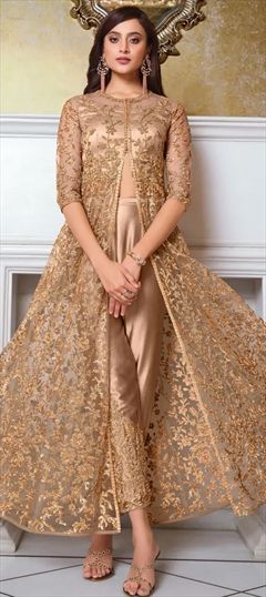 Festive, Party Wear Beige and Brown color Salwar Kameez in Net fabric with Slits Embroidered, Sequence, Thread work : 1800539