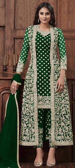 Festive, Party Wear Green color Salwar Kameez in Net fabric with Straight Embroidered, Stone, Thread, Zari work : 1800553