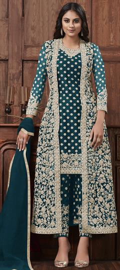 Festive, Party Wear Blue color Salwar Kameez in Net fabric with Straight Embroidered, Stone, Thread, Zari work : 1800557