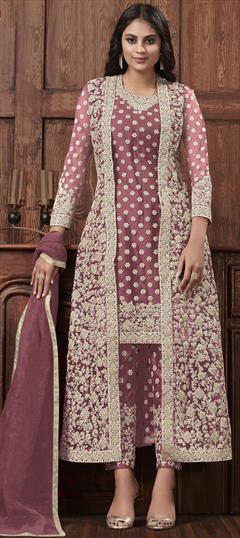 Festive, Party Wear Pink and Majenta color Salwar Kameez in Net fabric with Pakistani, Straight Embroidered, Stone, Thread, Zari work : 1800559