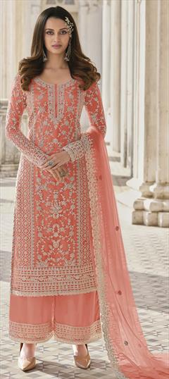 Festive, Party Wear, Reception Orange color Salwar Kameez in Net fabric with Pakistani, Palazzo Embroidered, Stone, Thread work : 1800566