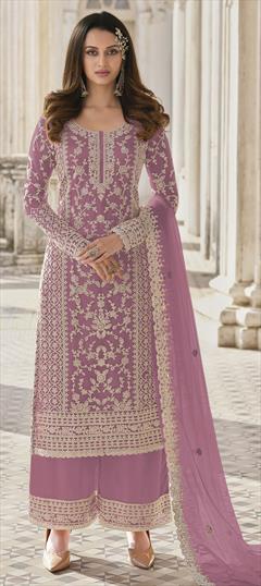 Festive, Party Wear, Reception Purple and Violet color Salwar Kameez in Net fabric with Pakistani, Palazzo Embroidered, Stone, Thread work : 1800568