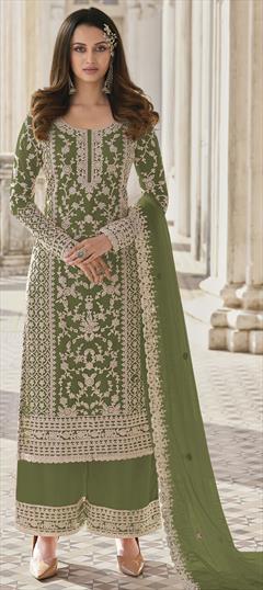 Festive, Party Wear, Reception Green color Salwar Kameez in Net fabric with Pakistani, Palazzo Embroidered, Stone, Thread work : 1800569