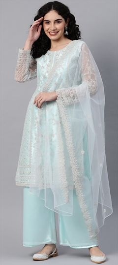 Festive, Party Wear, Reception Blue color Salwar Kameez in Net fabric with Pakistani, Palazzo Embroidered, Stone, Thread work : 1800571